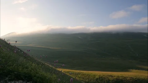Green mountains and clouds in sky over peaks covered green forest, timelapse Stock Footage 94043065