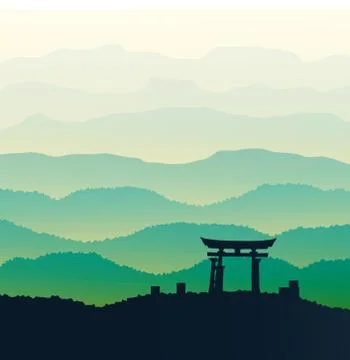 Green mountains in the fog Illustrazione stock