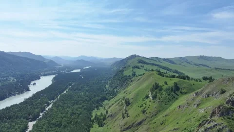 Green Mountains, River and Blue Sky, Drone Filming Cinematography Stock Footage 259694296
