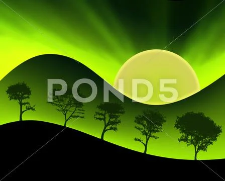 Green mountains sun and silhouetted trees Stock Illustration