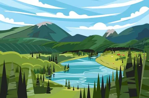 Green mountains vector landscape with river on a blue cloudy sky background Stock Illustration