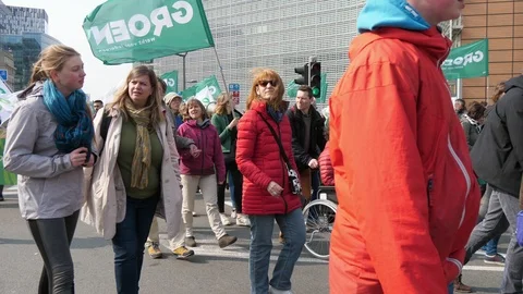 Green movement with flags and many protesting people in Brussels in spring Stock-Footage 106120765
