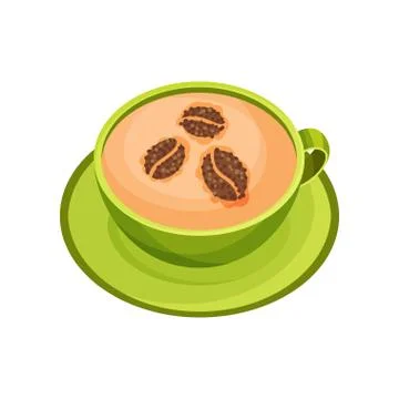 Green mug of cappuccino with pattern of coffee beans made of cinnamon powder Stock Illustration