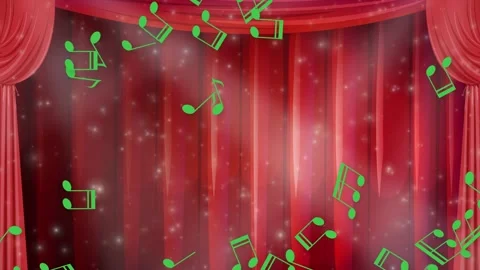 Green Musical Notes Falling Over Red Theater Stage Curtains Stock Footage 339835342