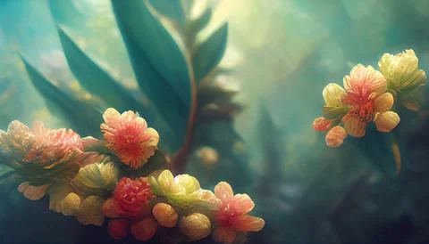 Green mystery spring background with magic purple blurred flower petals and Stock Illustration