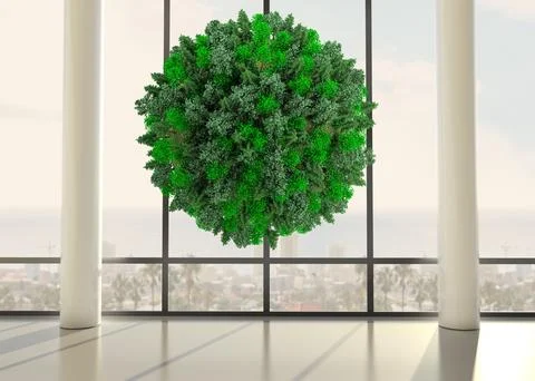 Green natural ball floating in front of windows Stockillustratie