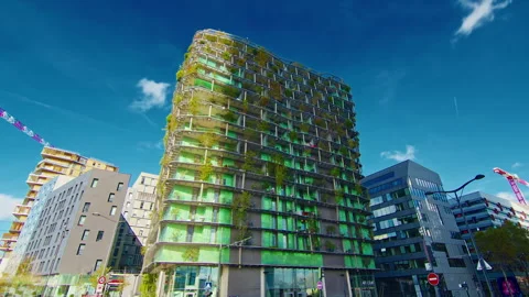 A green, natural facade of a building made of plants on a Paris street. The Stock Footage 320166057