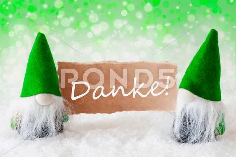 Green Natural Gnomes With Card, Danke Means Thank You Stock Photos
