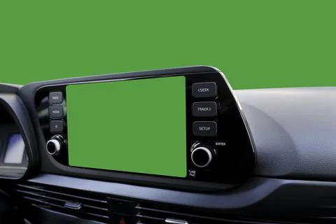 Green navigation screen on dashboard and green windscreen from inside of car Stock Photos