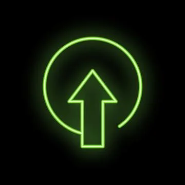 Green neon arrow pointing up in a circle on black background Stock Illustration