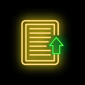 Green neon arrow pointing up on document icon on black background Stock Illustration