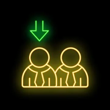 Green neon arrow pointing down at two business people icon 库存插图