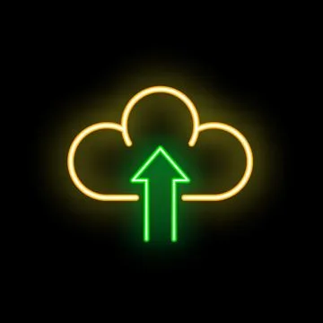 Green neon arrow pointing up inside a yellow neon cloud on black background Stock Illustration