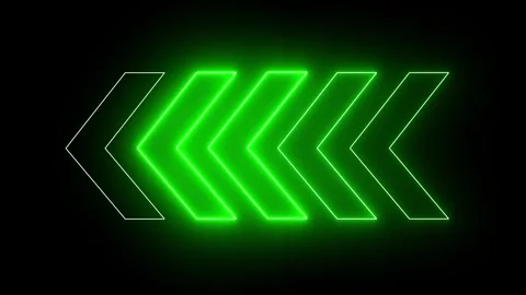 Green neon arrows point on a black background. Neon Left Arrows icons. Glow.. Stock Footage 294232312
