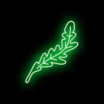 Green neon arugula leaf glowing on black background Stock Illustration
