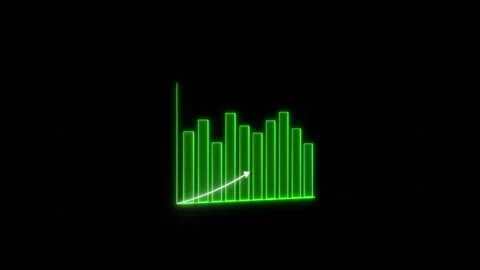 Green neon bar chart with upward arrow and curved line. Bar chart graph. Pr.. Stock Footage 337131154