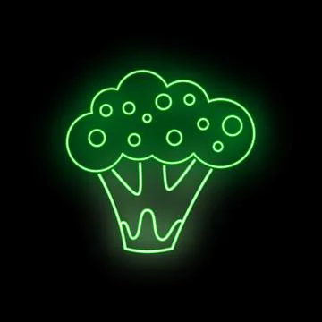 Green neon broccoli vegetable sign glowing in dark Stock Illustration