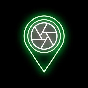 Green neon camera aperture location pin icon Stock Illustration