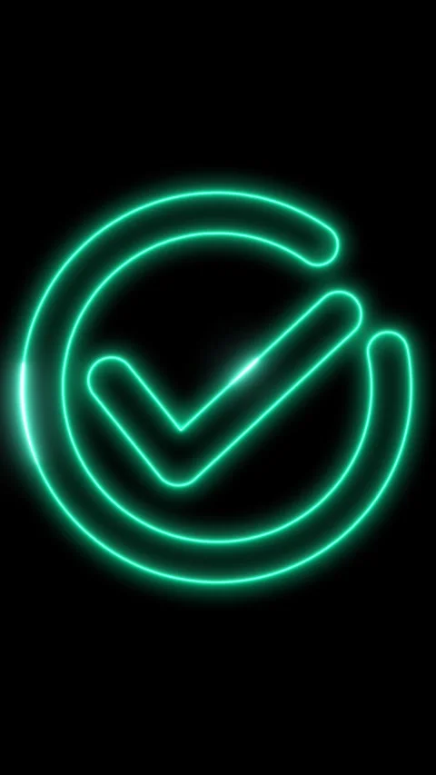 Green neon check mark inside circle glowing on black. Green neon check mark.. 動画素材 344842414