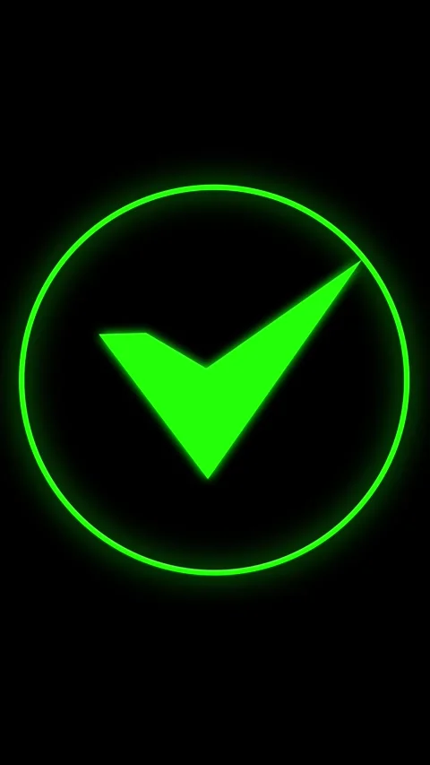 Green neon check mark within a smooth circle. Green neon check mark tick si.. Stock Footage 345723211