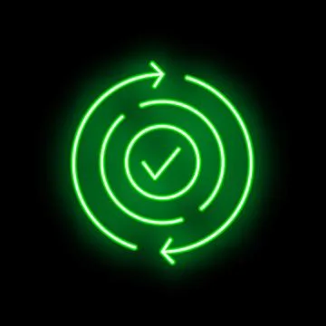 Green neon checkmark inside circular arrows on black background signalling .. 库存插图