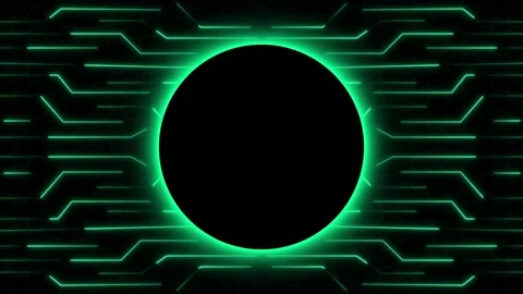 Green neon circle borders a dark hexagonal microchip mesh layout. Tech neon.. Stock Footage 340528323