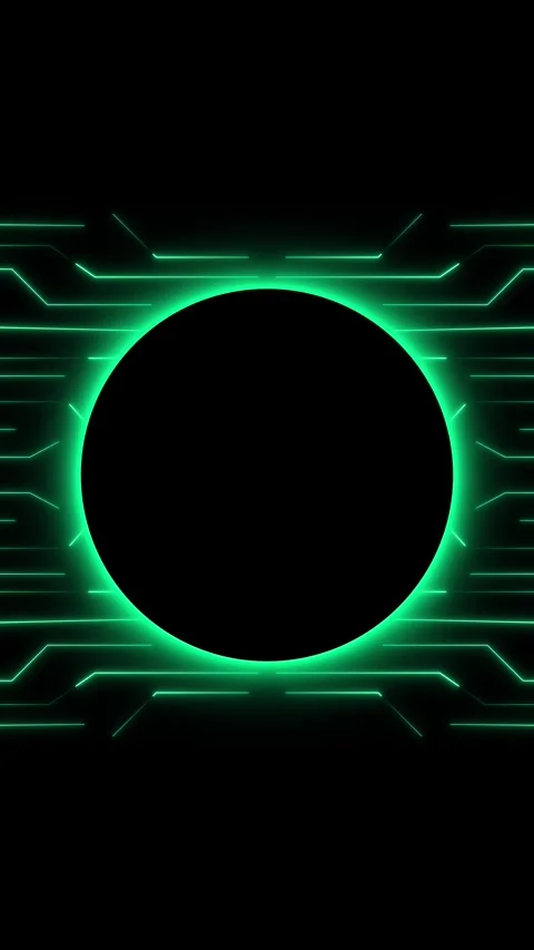Green neon circle borders a dark hexagonal microchip mesh layout. Tech neon.. Stock Footage 345968159