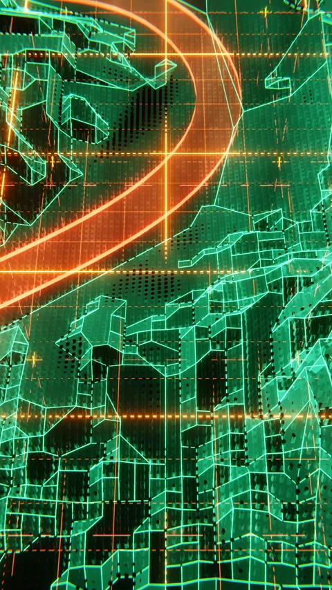 Green Neon City Map Grid Orange Curve Vertical Seamless Loop Tech 3D Render Stock Footage 341465679