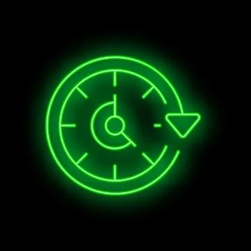 Green neon clock showing time going backwards on black background Stock Illustration