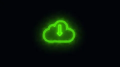 Green Neon Cloud Icon with Download Arrow Symbol on Black Background image .. Stock Footage 330348540