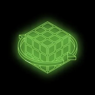 Green neon cube rotating with circular arrow on black background イラスト素材