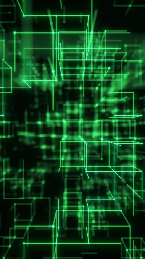 Green Neon Cubes Vertical in a High-Velocity Futuristic Wireframe Grid. Looped Stock Footage 336311005