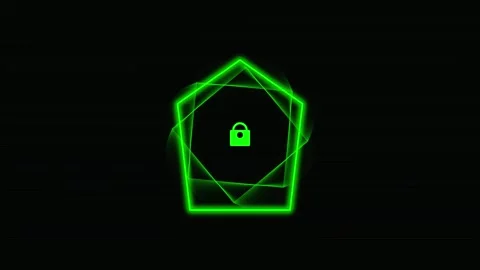 Green neon cybersecurity lock icon rotating inside glowing pentagons on bla.. Stock Footage 342278972