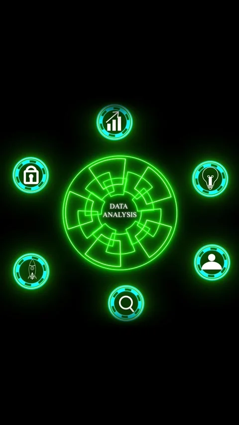 Green Neon Digital Hub with Data Analysis Icons on Black Background Keyword.. Stock Footage 344858990