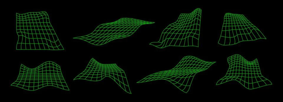 Green neon distorted grid set. Rippled wireframe collection. Glitch wavy Stock Illustration