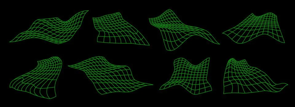 Green neon distorted grid set. Rippled wireframe collection. Glitch wavy Stock Illustration