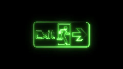 Green neon exit sign glows and flickers on black background. Stock Footage 346167467