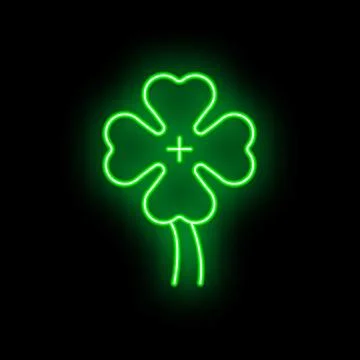 Green neon four leaf clover glowing on black background Stock Illustration