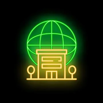 Green neon globe hovering over office building at night Ilustración de archivo