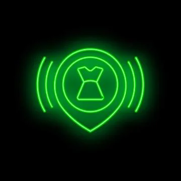 Green neon gps pointer pinpointing a cocktail dress on a black background Stock Illustration