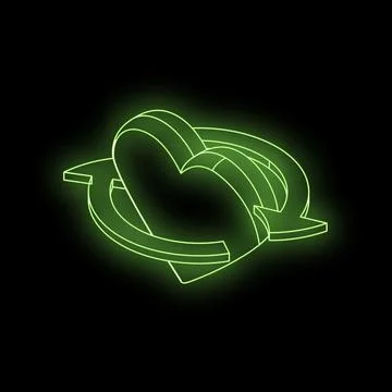 Green neon heart with rotating circular arrows on black background Stock Illustration