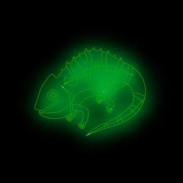 Green neon iguana lizard glowing on black background Stock Illustration