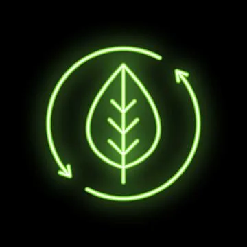 Green neon leaf cycle glowing on dark background Stock Illustration