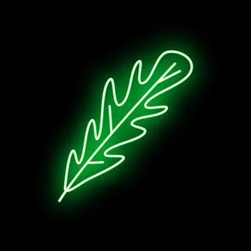 Green neon leaf glowing on black background Stock Illustration