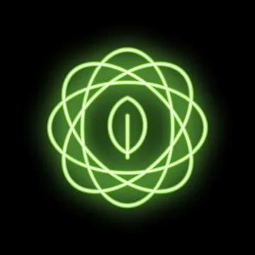 Green neon leaf inside atom symbol for green technology logo Stock Illustration