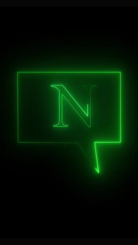 Green neon letter N inside chat bubble moving dynamically on black backgrou.. Stock Footage 339215325