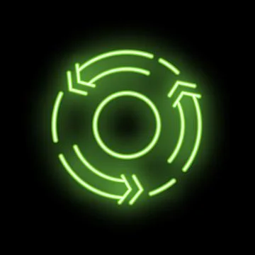 Green neon light circular arrows sign showing rotation Stock Illustration