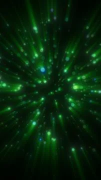 Green neon light rays and bokeh particles bursting from center on dark backgr Stock Illustration