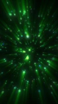 Green neon light rays and bokeh particles bursting from center on dark back.. Stock Illustration
