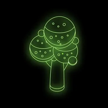Green neon light representing a stylized tree with round canopy on black ba.. Stock Illustration